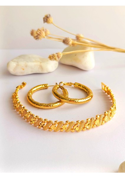 Küpe Halka ve Bileklik Altın Kaplama 2'li Set 316 L Çelik + Hediye Paket