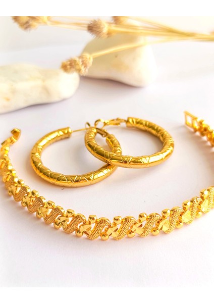 Küpe Halka ve Bileklik Altın Kaplama 2'li Set 316 L Çelik + Hediye Paket
