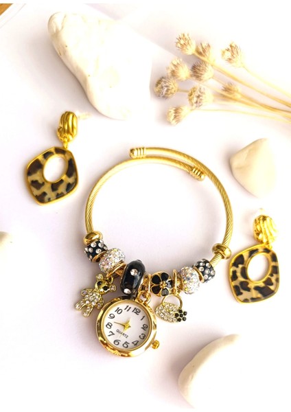 Küpe Sallantılı Leopar ve Bileklik Saat Pandorsb Altın Kaplama 2'li Set 316 L Çelik + Hediye Paket fiyatları
