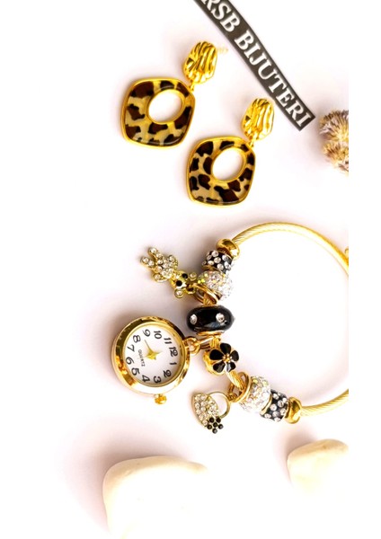 Küpe Sallantılı Leopar ve Bileklik Saat Pandorsb Altın Kaplama 2'li Set 316 L Çelik + Hediye Paket indirimleri