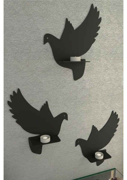 Şık 3'lü Ahşap Güvercin Dekoratif Raf Seti Siyah