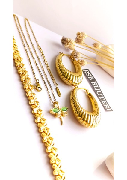 Küpe Oval, Bileklik ve Zincirli Kolye Altın Kaplama 3'lü Set 316 L Çelik + Hediye Paket