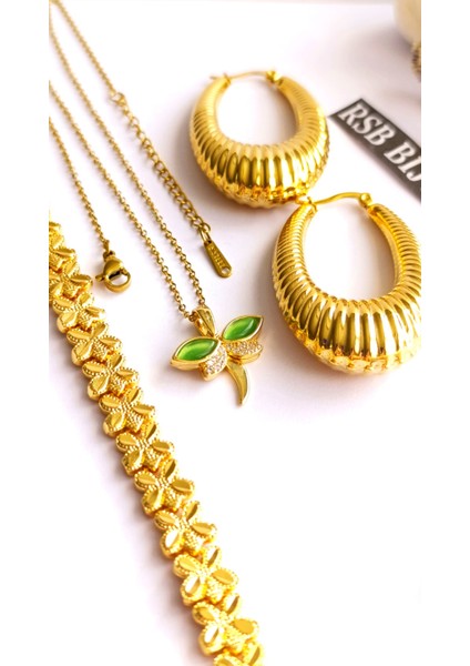 Küpe Oval, Bileklik ve Zincirli Kolye Altın Kaplama 3'lü Set 316 L Çelik + Hediye Paket fiyatları