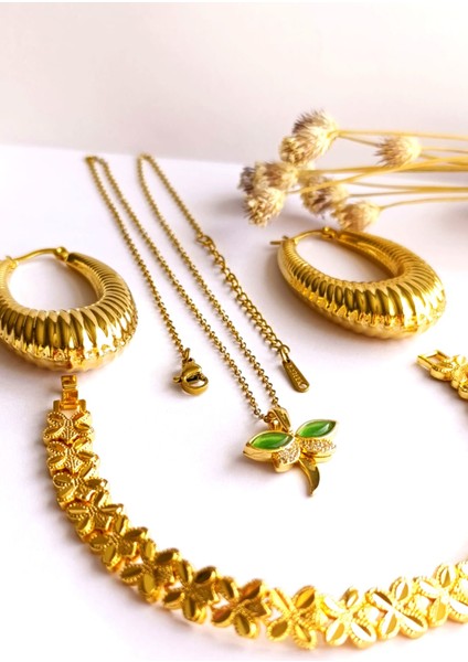 Küpe Oval, Bileklik ve Zincirli Kolye Altın Kaplama 3'lü Set 316 L Çelik + Hediye Paket modelleri