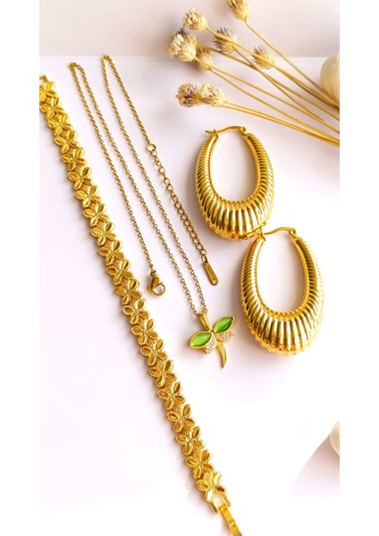 Küpe Oval, Bileklik ve Zincirli Kolye Altın Kaplama 3'lü Set 316 L Çelik + Hediye Paket fırsatları