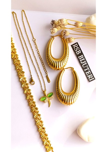 Küpe Oval, Bileklik ve Zincirli Kolye Altın Kaplama 3'lü Set 316 L Çelik + Hediye Paket indirimleri