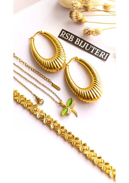 Küpe Oval, Bileklik ve Zincirli Kolye Altın Kaplama 3'lü Set 316 L Çelik + Hediye Paket