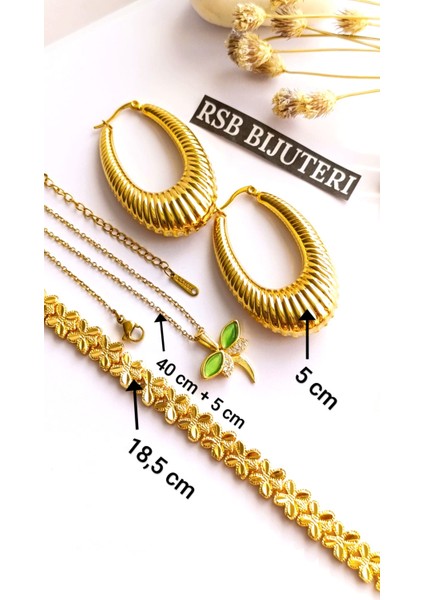 Küpe Oval, Bileklik ve Zincirli Kolye Altın Kaplama 3'lü Set 316 L Çelik + Hediye Paket