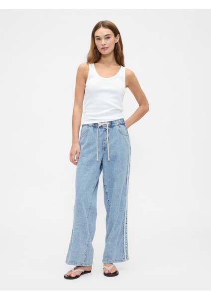 Kadın Mavi Geniş Paça Denim Pantolon