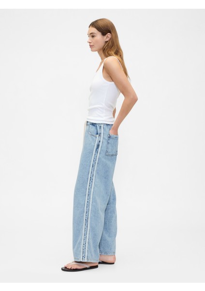 Kadın Mavi Geniş Paça Denim Pantolon