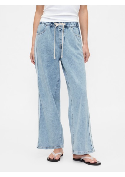 Kadın Mavi Geniş Paça Denim Pantolon