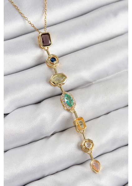 Pirinç Renkli Zirkon Taşlı Model Gold Renk Kadın Y Kolye