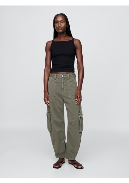Kadın Yeşil Mid Rise Barrel Kargo Pantolon