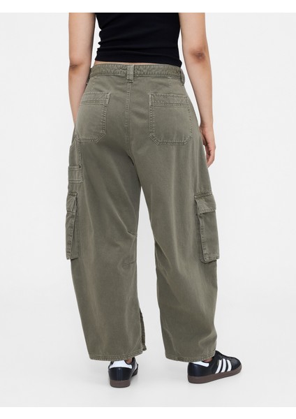 Kadın Yeşil Mid Rise Barrel Kargo Pantolon modelleri