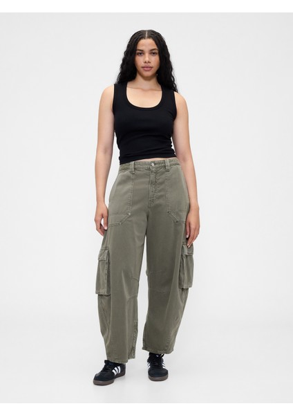 Kadın Yeşil Mid Rise Barrel Kargo Pantolon fırsatları