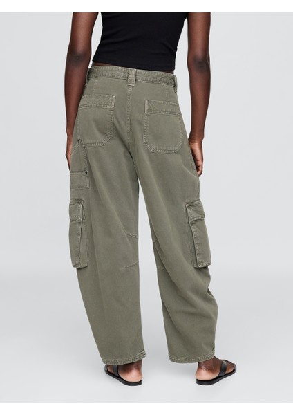 Kadın Yeşil Mid Rise Barrel Kargo Pantolon indirimleri