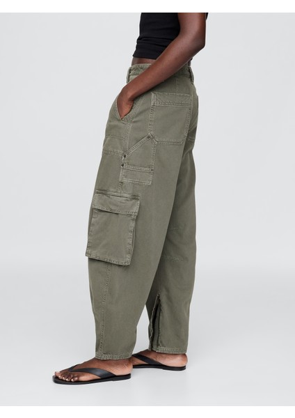Kadın Yeşil Mid Rise Barrel Kargo Pantolon