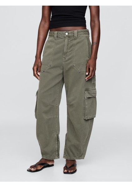 Kadın Yeşil Mid Rise Barrel Kargo Pantolon