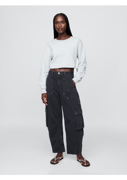 Kadın Siyah Mid Rise Barrel Kargo Pantolon