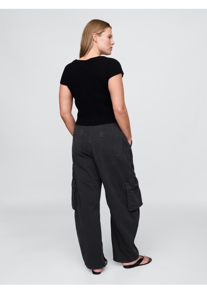 Kadın Siyah Mid Rise Barrel Kargo Pantolon modelleri