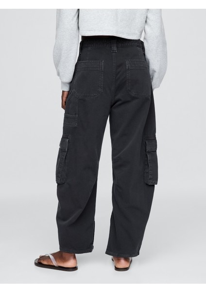 Kadın Siyah Mid Rise Barrel Kargo Pantolon indirimleri