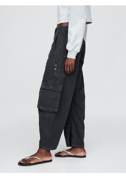 Kadın Siyah Mid Rise Barrel Kargo Pantolon