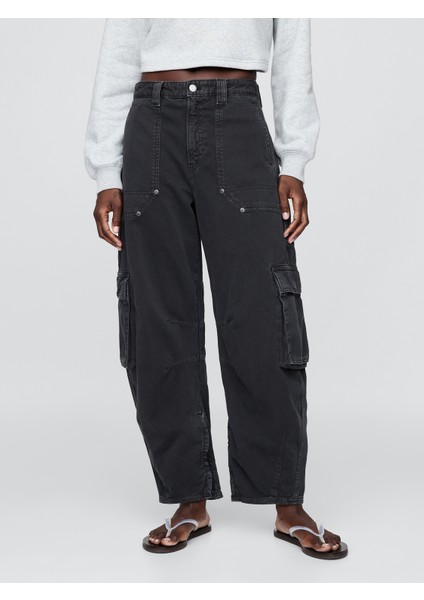Kadın Siyah Mid Rise Barrel Kargo Pantolon