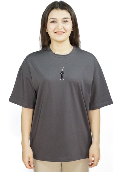 Godbunny | Gri Renk Baskılı Kadın T-Shirt | Oversize fiyatları