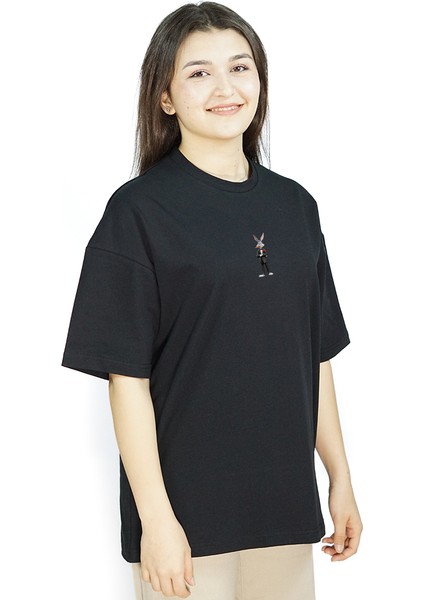 Godbunny | Siyah Renk Baskılı Kadın T-Shirt | Oversize modelleri
