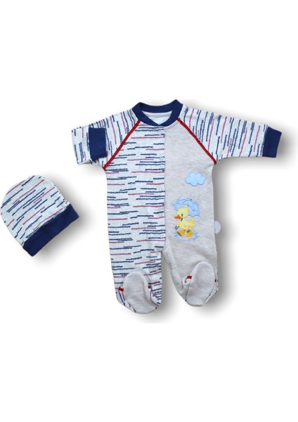 0-3 3-6 6-9 Ay Şemsiyeli Ördek Nakışlı Şapkalı Erkek Bebek Tulumu Lacivert