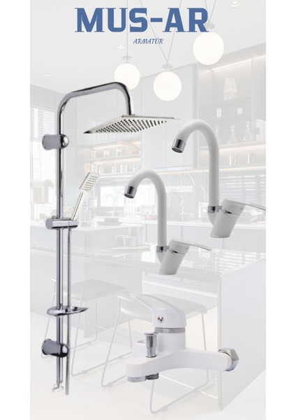 Beyaz Krom Robot Duş Seti Lavabo Banyo Mutfak Bataryası Musluğu 4'lü Set