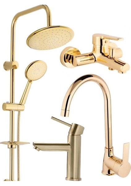 Gold Altın Kare Robot Duş Seti, Banyo, Mutfak Eviye ve Lavabo Bataryası Musluğu 4'lü Set