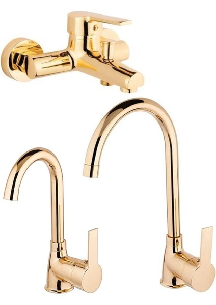 Gold Altın Mutfak Eviye, Lavabo ve Banyo Bataryası Musluğu Çeşmesi Çift Su Girişli 3'lü Set
