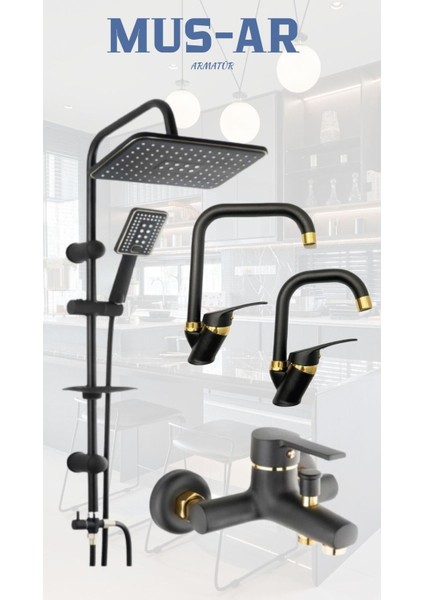 Siyah Robot- Siyah Gold Banyo Bataryası - Siyah Gold Eviye ve Lavabo Bataryası 4 'lü Set