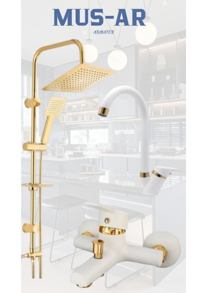 Beyaz Gold Robot Duş Seti Lavabo Banyo Bataryası 3'lü Set Takım