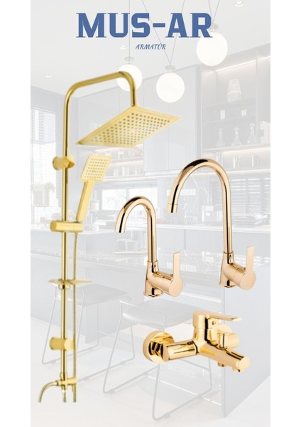 Gold Kare Robot Duş Seti - Banyo- Eviye Lavabo Bataryası Musluğu 4'lü Set