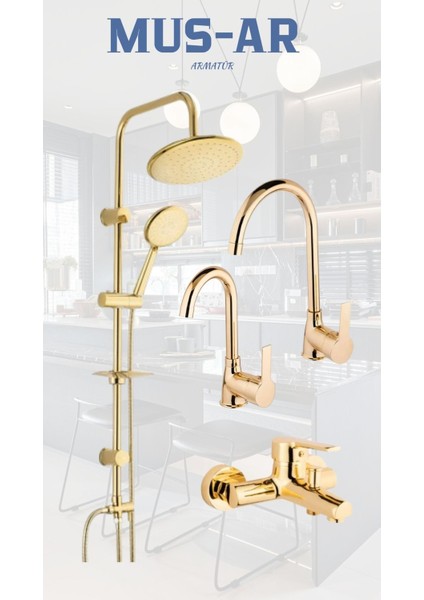 Gold Yuvarlak Robot Duş Seti - Banyo- Eviye Lavabo Bataryası Musluğu 4'lü Set
