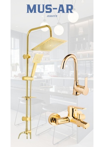 Gold Kare Robot - Banyo - Lavabo Bataryası 3'lü Set