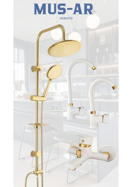 Gold Robot Duş Seti, Beyaz Gold Banyo, Lavabo, Mutfak Bataryası 4'lü Set
