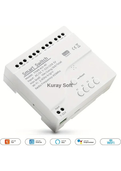 Kuraysoft 4 Kanallı Akıllı Röle Wi-Fi + Rf 433MHZ Destekli Tuya & Smart Life Uyumlu Uzaktan Kumandalı Akıllı Anahtar