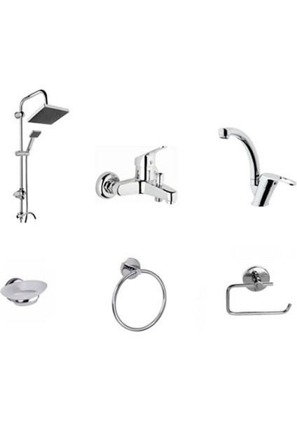 Robot Duş Seti Banyo Bataryası Lavabo Bataryası Sabunluk Havluluk Wc Kagıtlık 6'lı Set