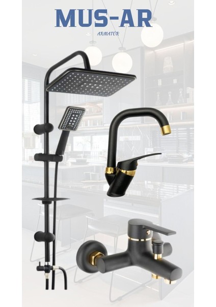 Siyah Robot- Siyah Gold Banyo Bataryası- Siyah Gold Lavabo Bataryası 3 'lü Set