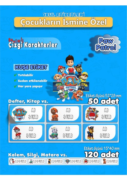 Paw Patrol Etiket Isme Özel Hobi - Okul Seti 170 Adet