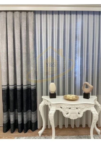 Glaris Betina Keten Zemin Bordür Desen Modern Yüksek Kaliteli Fon Perde 1/3 Sık Pile - Tek Kanat