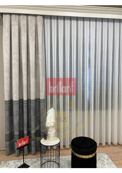 Glaris Betina Keten Zemin Bordür Desen Modern Yüksek Kaliteli Fon Perde 1/3 Sık Pile - Tek Kanat