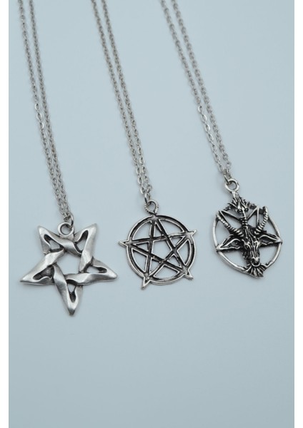 3'lü Pentagram Ters Pentagram Keçi Kafası Gümüş Kaplama Kolye Seti