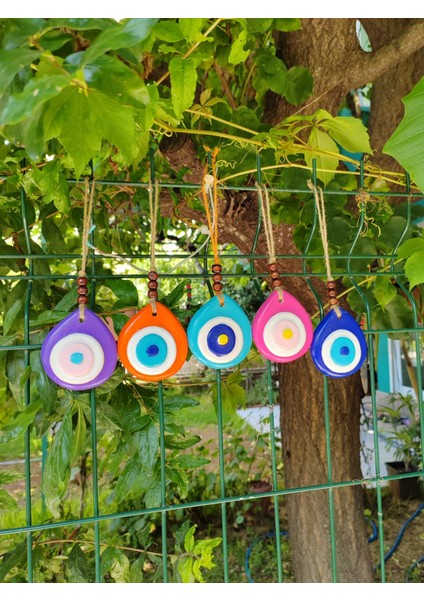 Renkli El Yapımı Nazar Boncuğu Duvar ve Ağaç Süsü 5’li Set – Seramik Dekoratif Askı