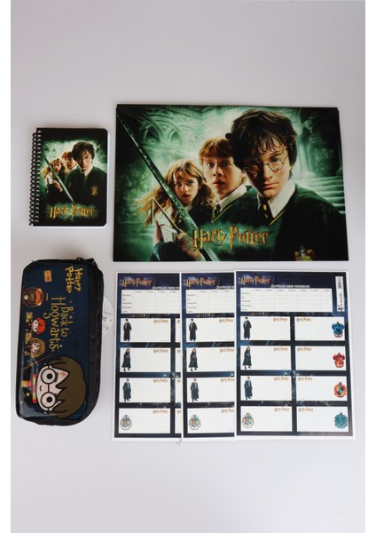 Lisanslı Harry Potter Kalem Çantası,bloknot, Çıtçıt Dosya ve 24'lü Okul Etiketi Kırtasiye Seti "dekomus Cep Defteri Hediyeli"