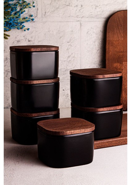 6'lı Siyah Seramik Kase Seti, Çok Amaçlı, Vakumlu Ahşap Kapak, 300 ml