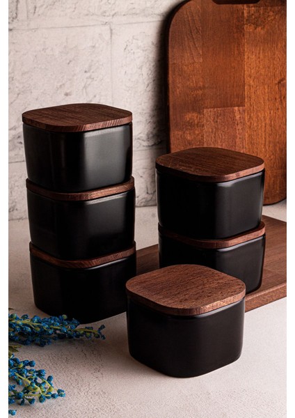 6'lı Siyah Seramik Kase Seti, Çok Amaçlı, Vakumlu Ahşap Kapak, 300 ml modelleri